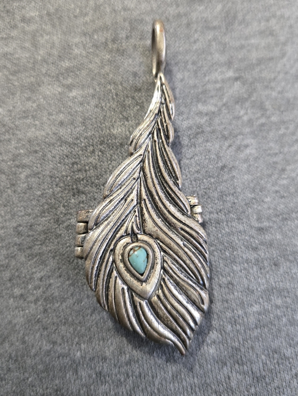 Peacock Feather Locket Pendant With Turquoise Stone Boho Whimsicle Southwest